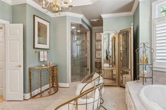 bathroom with tile patterned floors, separate shower and tub, ornamental molding, and an inviting chandelier