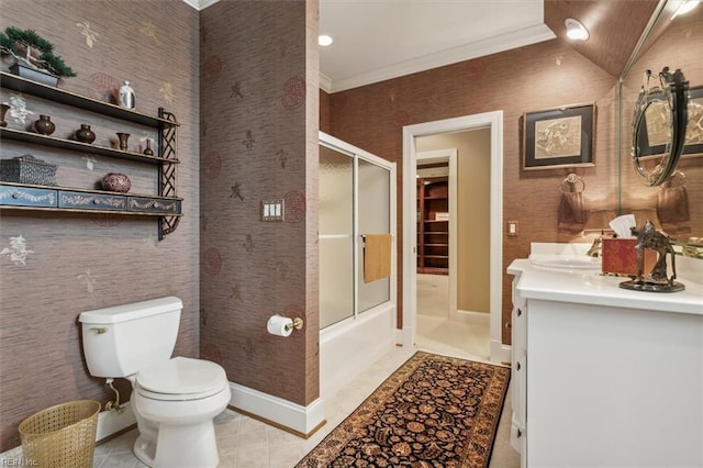 full bathroom featuring tile patterned floors, toilet, shower / bath combination with glass door, vanity, and ornamental molding