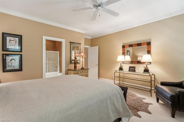 bedroom with ceiling fan, crown molding, and light colored carpet