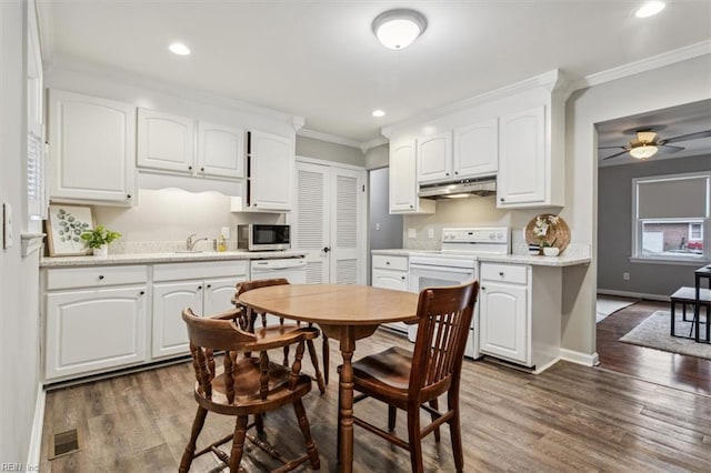 kitchen with stove, dark wood-type flooring, sink, ornamental molding, and white cabinetry