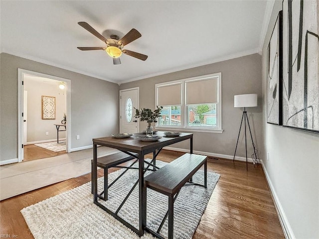 office space with hardwood / wood-style floors, ceiling fan, and ornamental molding