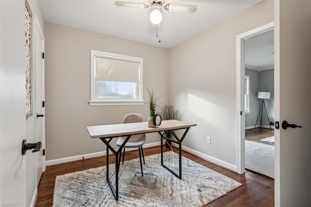 office space featuring dark hardwood / wood-style floors and ceiling fan