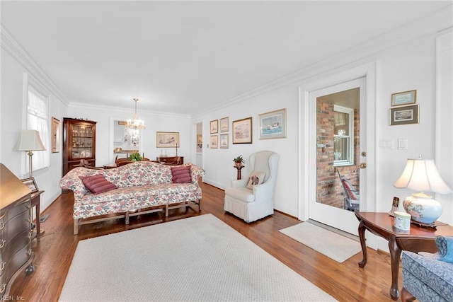 living room with a notable chandelier, dark hardwood / wood-style floors, and ornamental molding