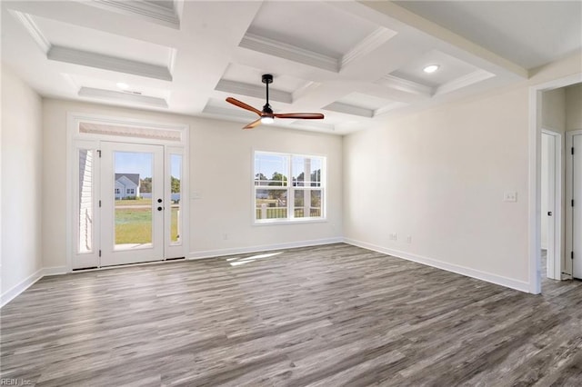 interior space featuring beam ceiling, ceiling fan, dark wood-type flooring, and coffered ceiling