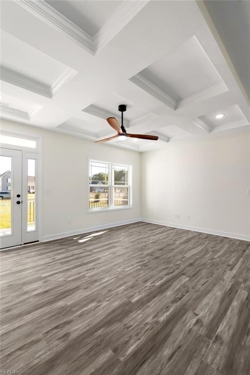 spare room featuring beam ceiling, dark hardwood / wood-style floors, and coffered ceiling