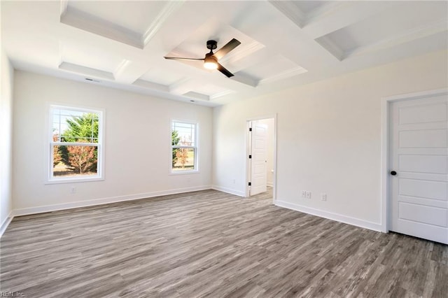 unfurnished bedroom with beam ceiling, light wood-type flooring, ceiling fan, and coffered ceiling