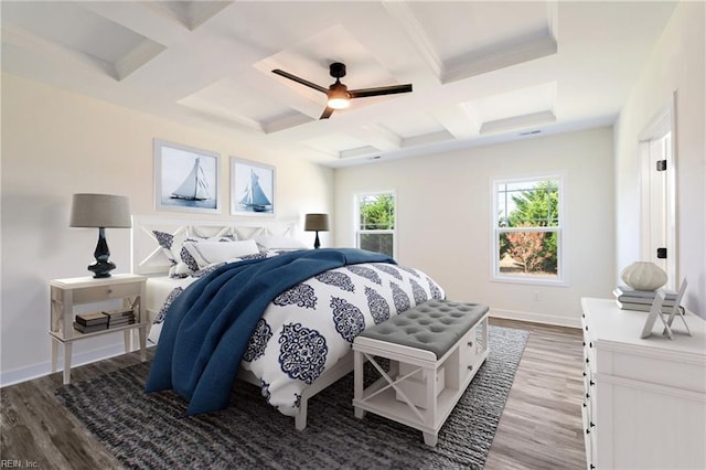 bedroom with ceiling fan, beam ceiling, wood-type flooring, and coffered ceiling