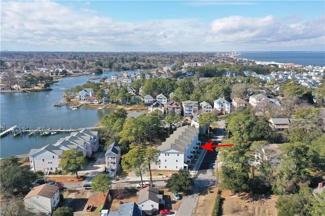 drone / aerial view featuring a water view