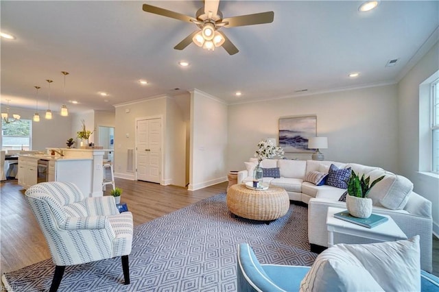 living room featuring ceiling fan with notable chandelier, light hardwood / wood-style floors, and crown molding