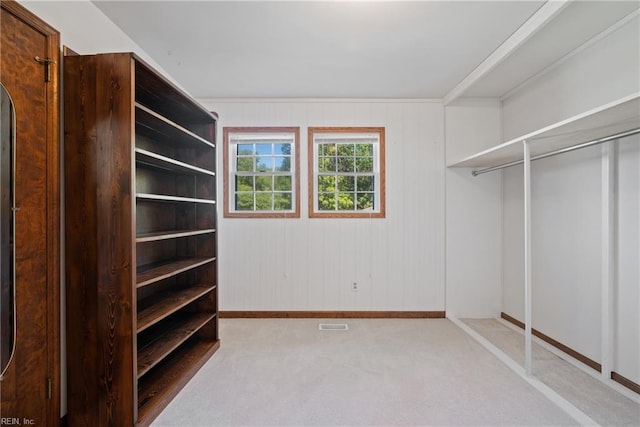 spacious closet with light colored carpet