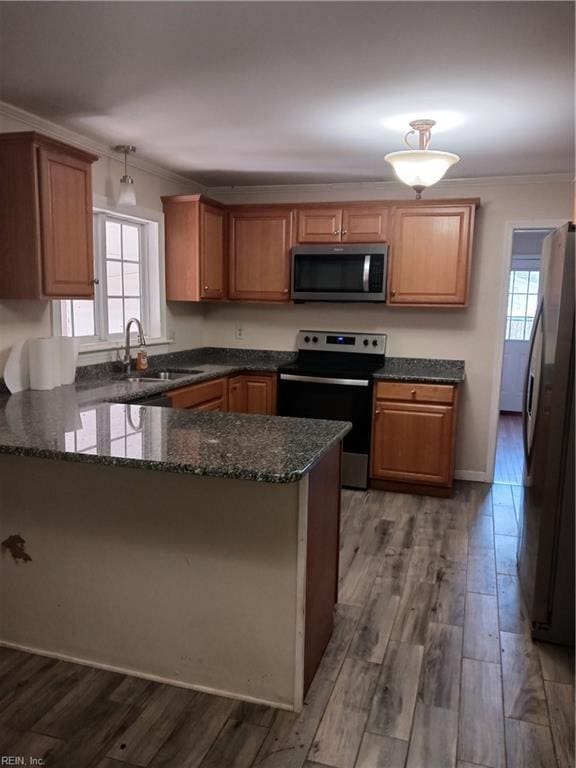 kitchen featuring sink, hanging light fixtures, kitchen peninsula, crown molding, and appliances with stainless steel finishes