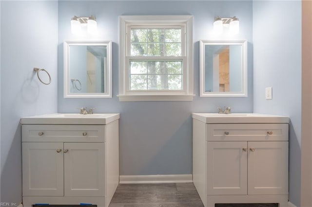 bathroom with vanity and wood-type flooring