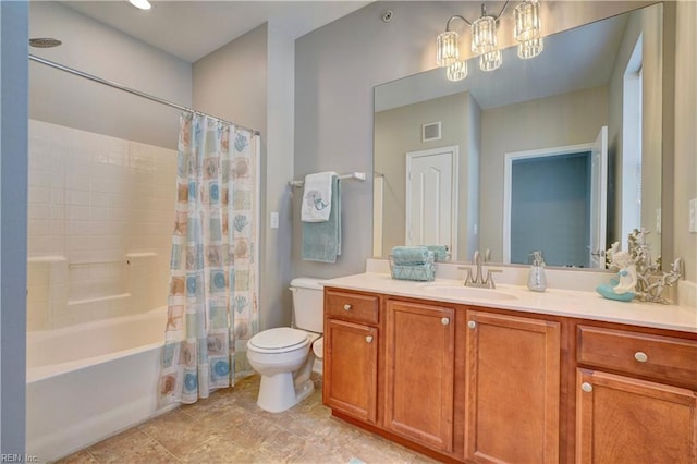 full bathroom with shower / bath combo, vanity, and toilet