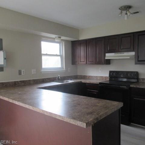 kitchen with dark brown cabinetry, black / electric stove, and sink