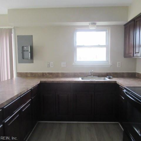 kitchen with black / electric stove, sink, hardwood / wood-style floors, and dark brown cabinets