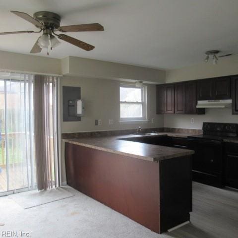 kitchen with ceiling fan, sink, dark brown cabinets, and black range with electric cooktop