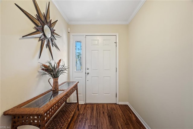 doorway with crown molding and hardwood / wood-style flooring