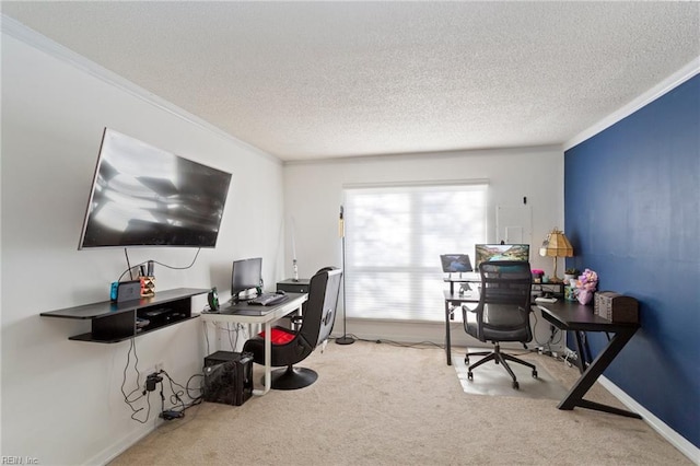 office area with carpet flooring, crown molding, and a textured ceiling