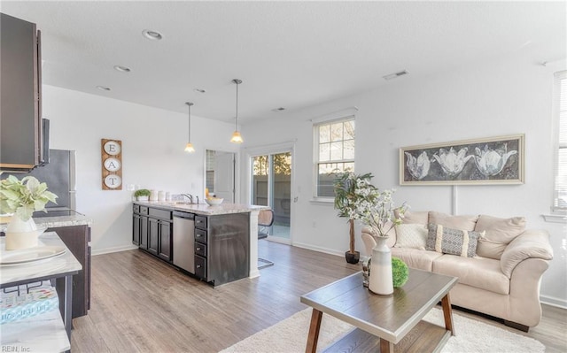 living room featuring light hardwood / wood-style flooring and sink