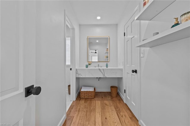 bathroom with wood-type flooring