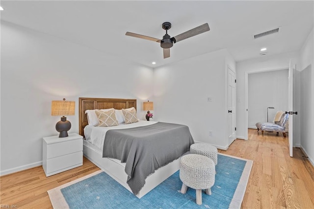 bedroom featuring ceiling fan and light hardwood / wood-style floors