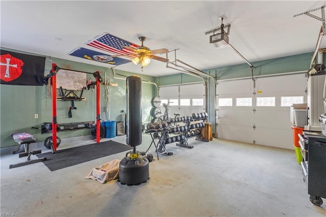 garage featuring a garage door opener and ceiling fan