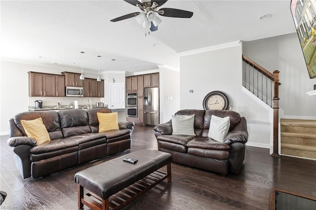 living room with ceiling fan, sink, ornamental molding, and dark wood-type flooring