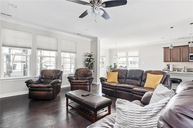 living room featuring ceiling fan with notable chandelier, dark hardwood / wood-style floors, and ornamental molding