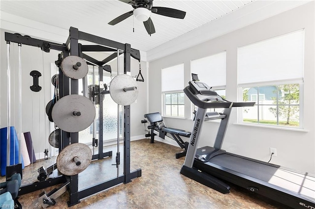 exercise area with ceiling fan