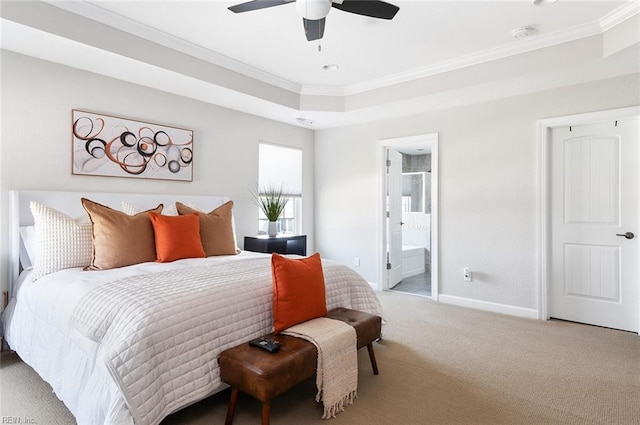 carpeted bedroom with ceiling fan, ornamental molding, and connected bathroom