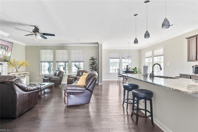 living room featuring ceiling fan with notable chandelier, crown molding, sink, and dark wood-type flooring