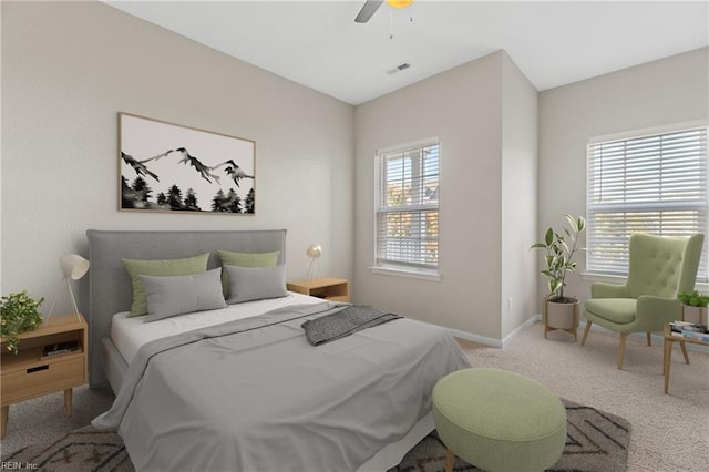 bedroom featuring ceiling fan and carpet floors