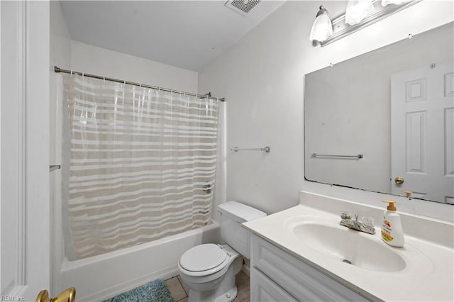 full bathroom with tile patterned floors, vanity, toilet, and shower / bathtub combination with curtain