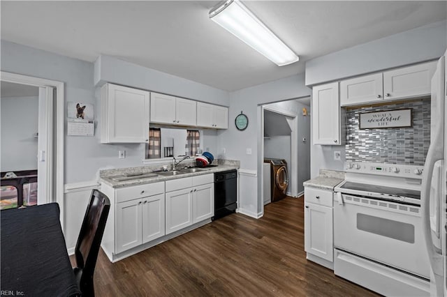 kitchen with white range with electric stovetop, dishwasher, white cabinets, and sink