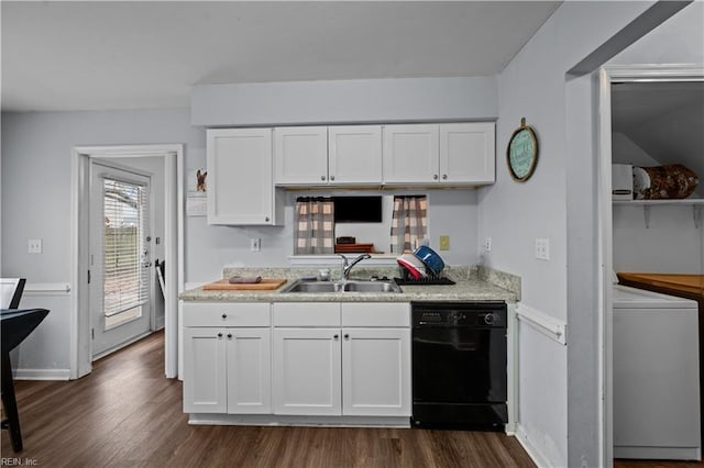 kitchen with dishwasher, white cabinets, sink, dark hardwood / wood-style floors, and washer / clothes dryer