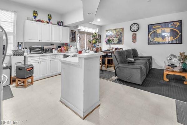 kitchen with white cabinetry and kitchen peninsula