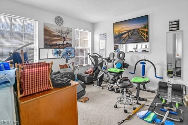 exercise area with plenty of natural light and carpet floors