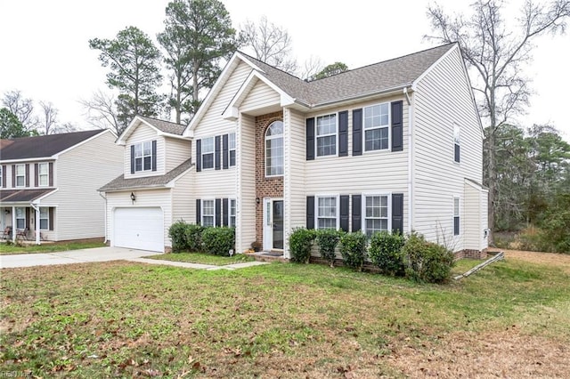 view of front of house with a garage and a front lawn