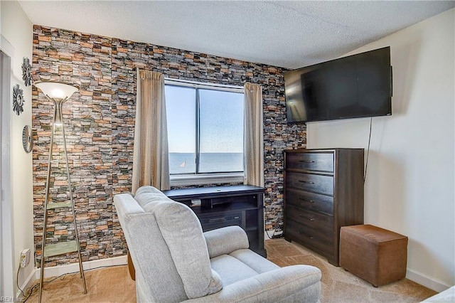 living area with a textured ceiling