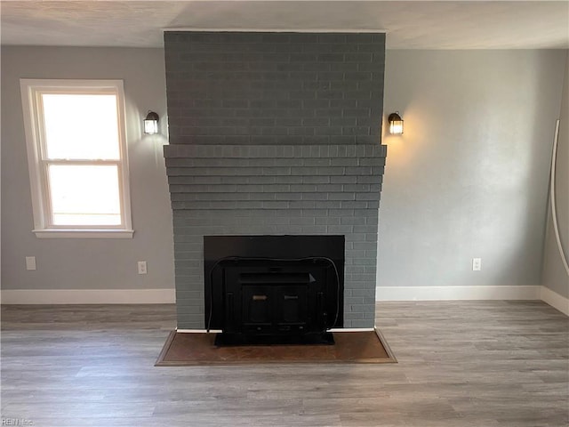 interior details featuring wood-type flooring and a wood stove