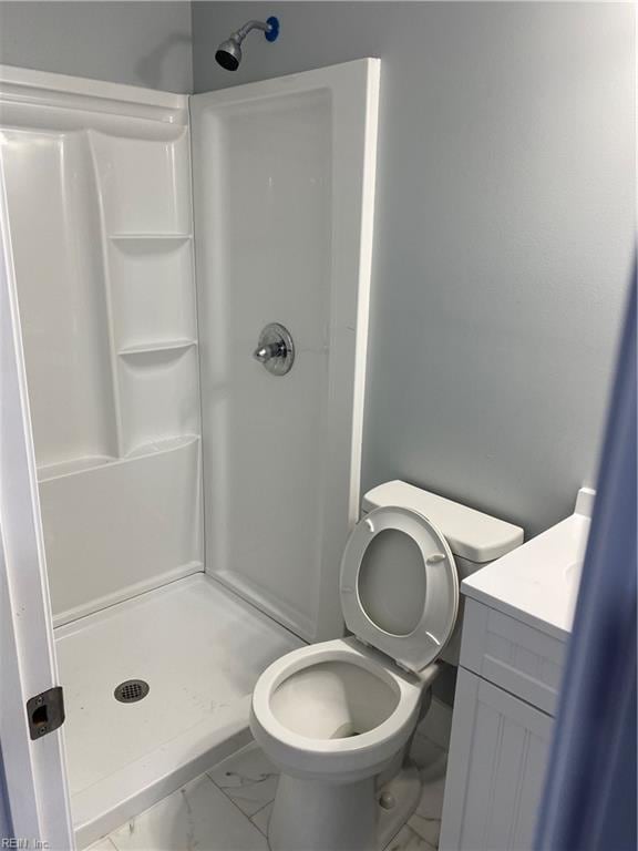 bathroom with vanity, toilet, and walk in shower