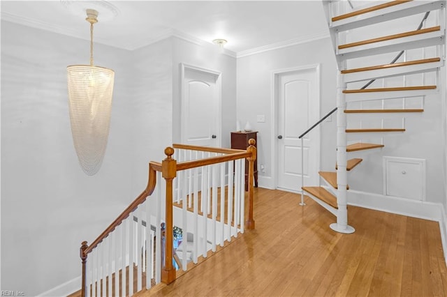 stairway with wood-type flooring and ornamental molding