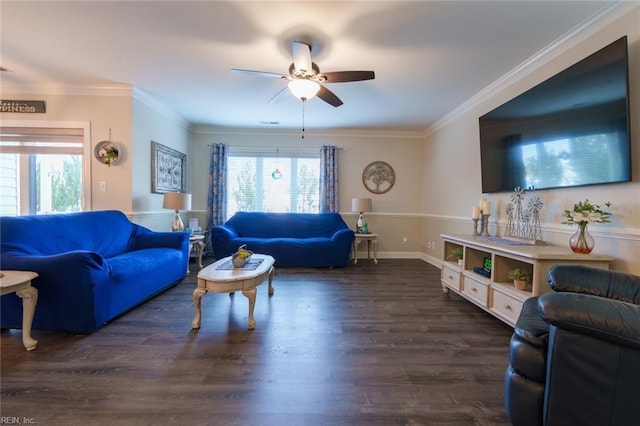 living room featuring ceiling fan, dark hardwood / wood-style flooring, and crown molding