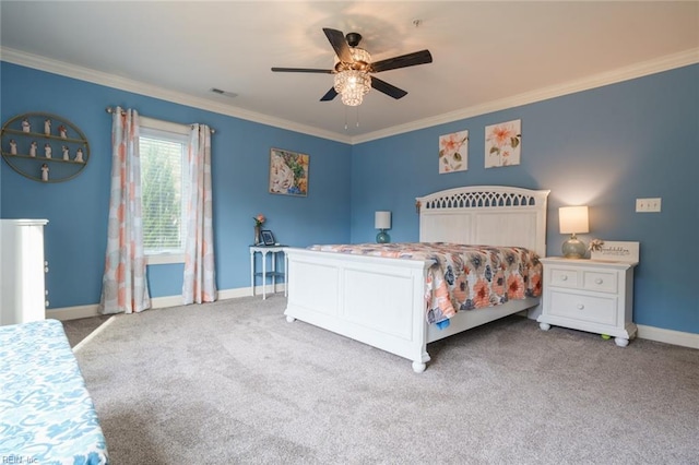 bedroom featuring light colored carpet, ceiling fan, and ornamental molding