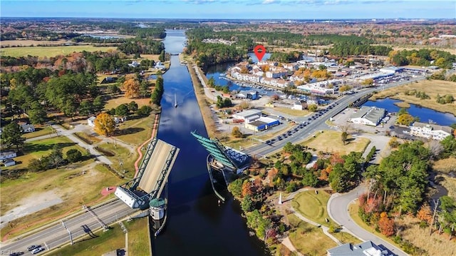 drone / aerial view featuring a water view