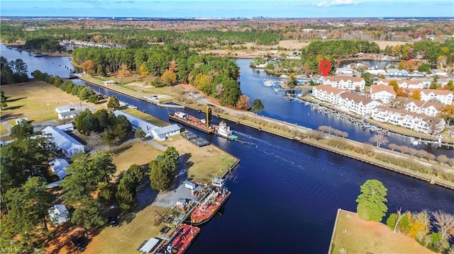 aerial view featuring a water view