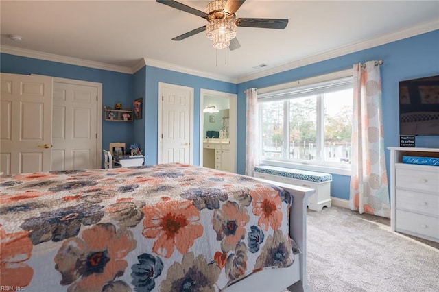 bedroom featuring connected bathroom, ceiling fan, light carpet, and ornamental molding