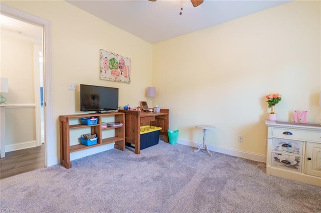 office featuring light colored carpet and ceiling fan