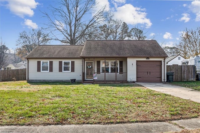 ranch-style house with a porch, a garage, and a front yard