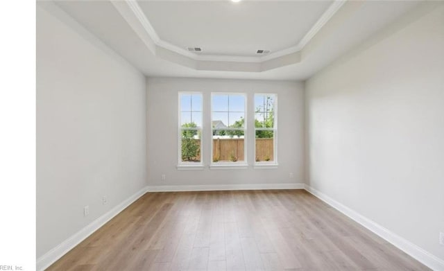 spare room with a raised ceiling, ornamental molding, and light hardwood / wood-style flooring